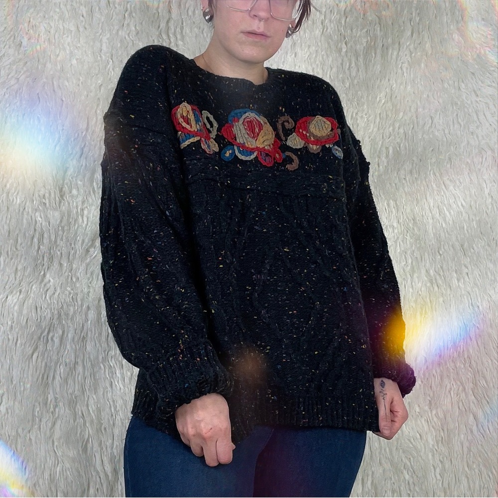 Vintage 80s Black Multi-Color Speckled Heavy Knit Sweater